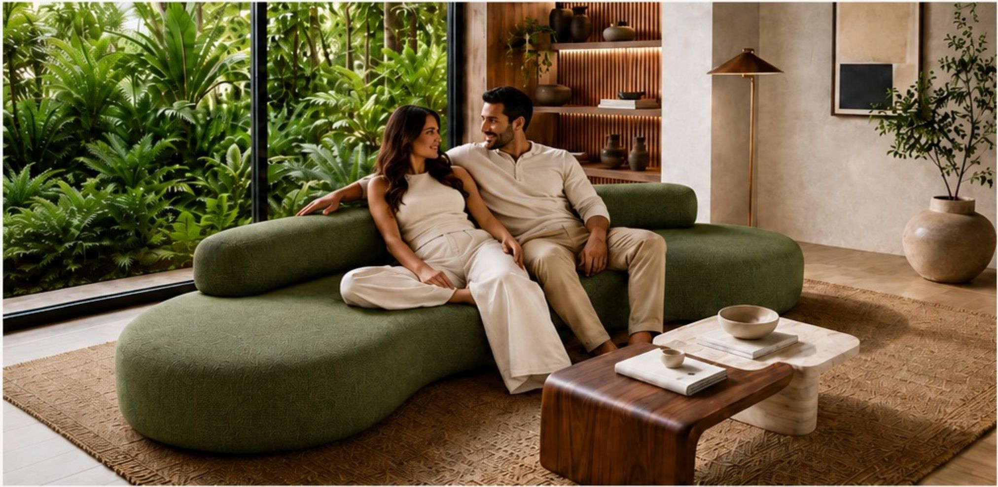 Sala integrada com Sofá Curvado verde de 330 cm diante do jardim