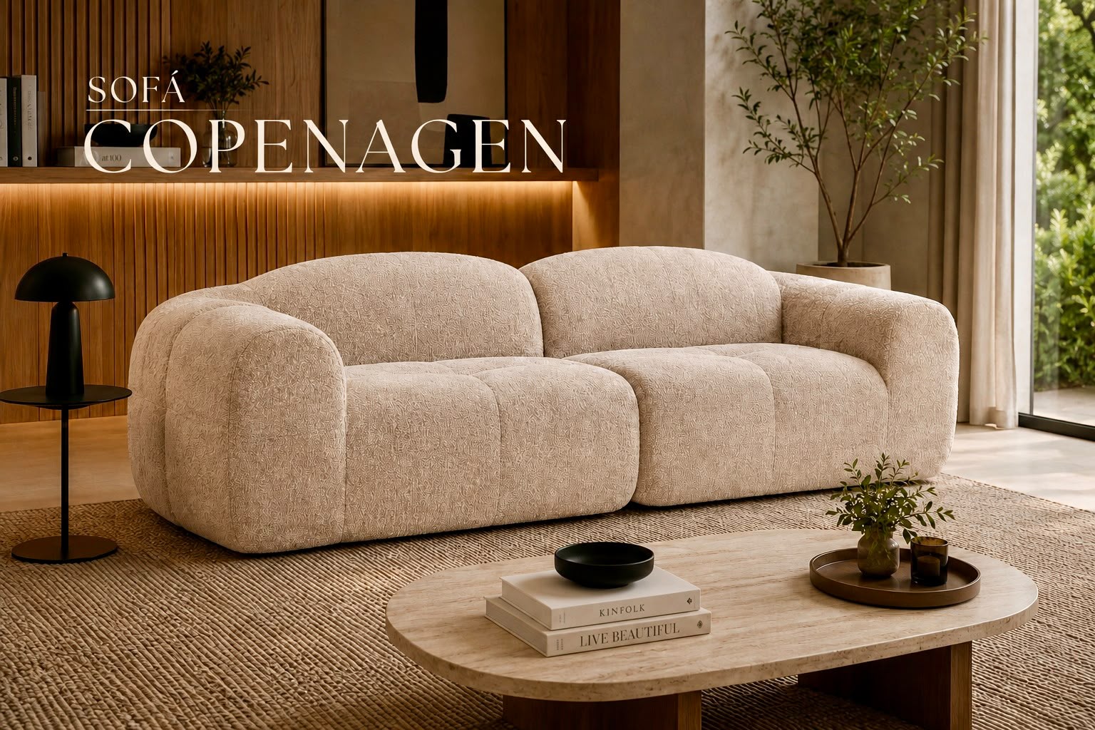 Sofá Copenagen — Volumes arredondados, 246 cm de largura.